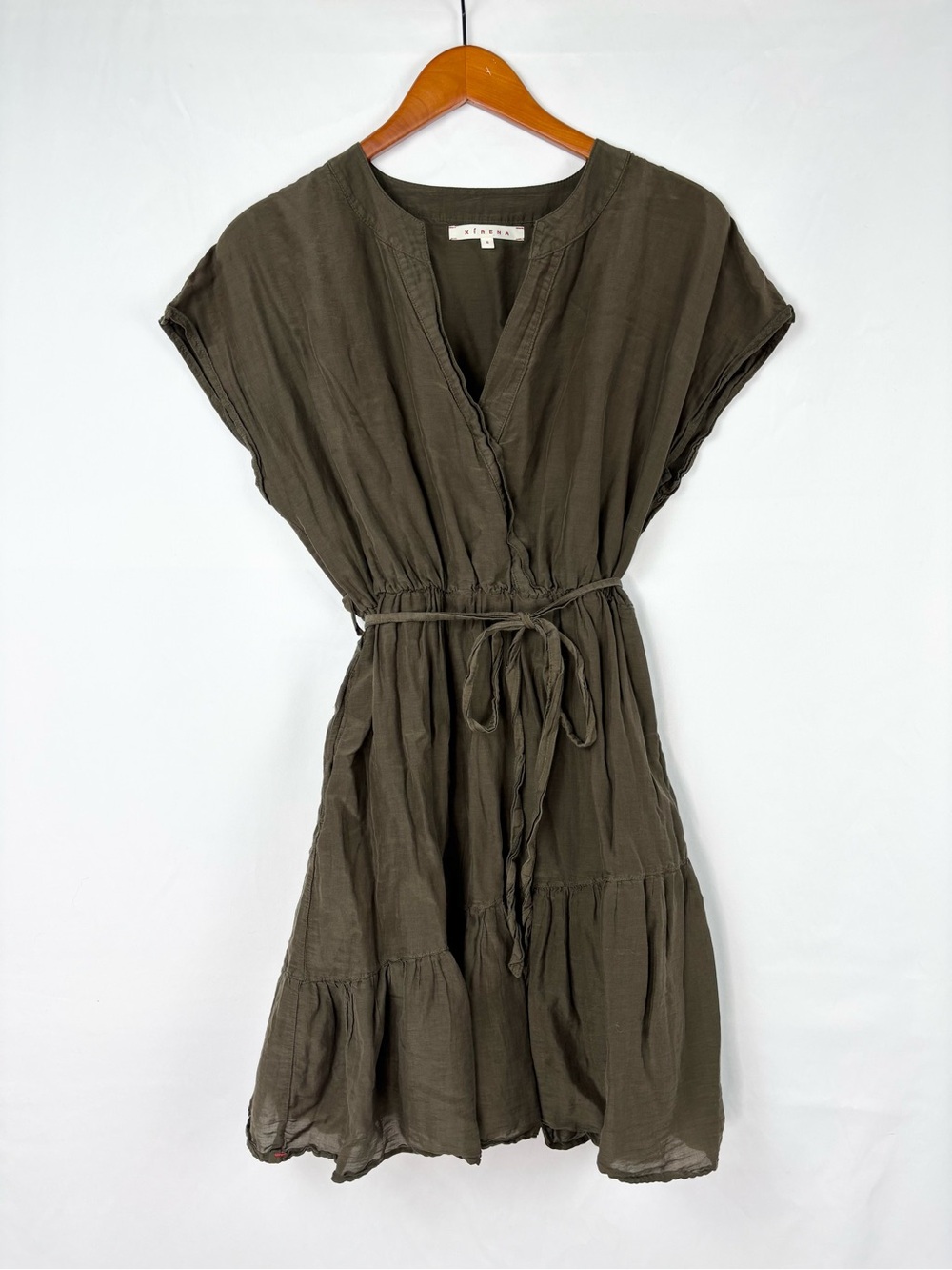Xirena Dani Mini Dress Green Size S Shirt Sleeve Wrap Waist A Line Flow